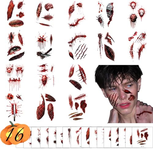 SHEBEEDO 16 Sheets Halloween Scar Tattoos Stickers Halloween Accessories For Fake Scab Blood Joker Tattoos Zombie Tattoo Halloween Face Stickers Hyperrealistic Effect Halloween Temporary Tattoos