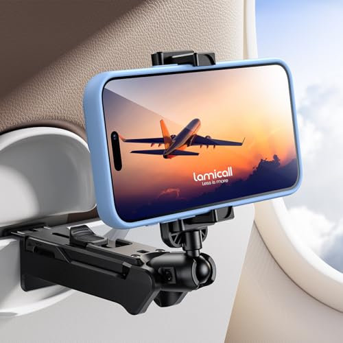Lamicall Soporte Móvil Mesa de Avión - Soporte para Teléfono Plegable Viaje con Herramientas Ajuste, 360° Rotación, Manos Libres, Apto para 4,7-7 Smartphone, para Viajes, Oficina, Cocina