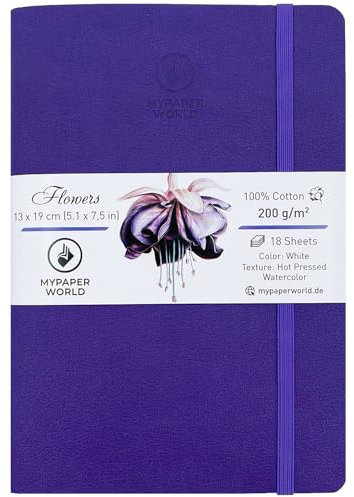 Mypaperworld Aquarell Skizzenbuch 200 g/m² 100% Baumwolle, säurefrei, 18 Blatt, 36 Seiten, Aquarellpapier Sketchbook 19x13cm Heiß Gepresst- Violett