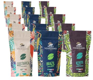 Nero Veneziano Collection, Kit Degustazione - Brazil, Costa Rica & Kenya, Caffè Premium Macinato 15x200 g, Tostatura Media, Artigianale Italiano, Per MOKA