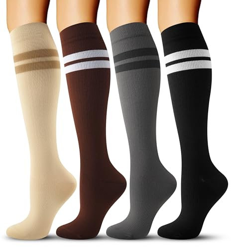 FORVEVO 4 Paar Kompressionsstrümpfe Damen 36-43, Atmungsaktiv Kompressionssocken, Sport Stützstrümpfe, Hochelastische Compression Socks für Flug, Reisen, Laufen（Schwarz&Grau&Braun&Beige, S/M）