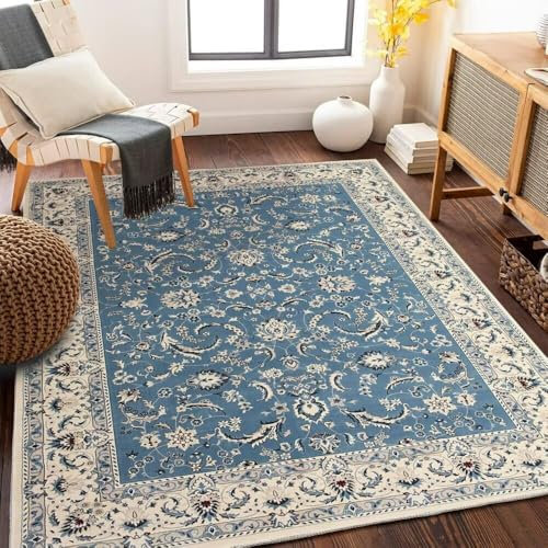 ROSURUG Deko Jugendzimmer Flur Dekoration 130X190CM Pflanze Blumenmuster Design Wohnzimmer Teppich waschbar leicht zu reinigen Teppich Wohnzimmer Waschbar Outdoor Deko blau