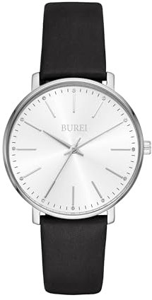 BUREI Frauen Uhren Mode Minimalistisch Analog Leder Quarz Wasserdicht Uhren für Frauen (Silber)