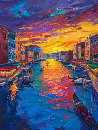 Malen Nach Zahlen Erwachsene mit Rahmen Landschaft Malen Nach Zahlen Venedig Paint by Numbers mit 3 Pinseln und Acrylfarben Farbe Handgemalt Ölgemälde Leinwand Kit, Deko Wohnzimmer 100x135cm -j293