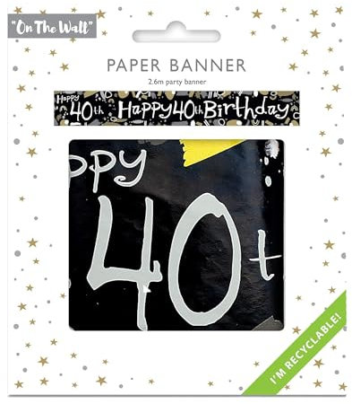 On The Wall Happy 40th Birthday Schwarz-Weiß-Banner, 2,6 m, recycelbares Papier, Meilenstein, Hängeschild für Wand, Tisch, Tür, Innen- und Außenbereich, 1 Stück