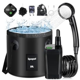 Spopal Camping Douche Portable, [Imperméable] Kit Douche de Camping,Rechargeable,6000mAh, avec Seau Pliable 20L,Afficheur Intelligent et Pomme de Douche 4 Modes pour Extérieure,Camping