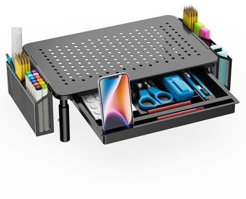 WALI Soporte para monitor de computadora con almacenamiento, organizador de escritorio con cajón y soporte para bolígrafos, elevador de monitor de escritorio de 3 alturas ajustables, elevador de