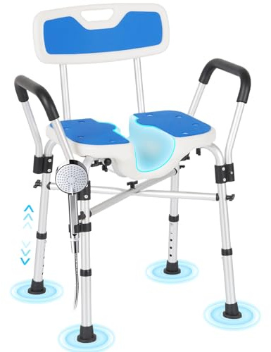 Careboda Sedia da doccia a forma di U con schienale e braccioli in schiuma EVA, portata 272 kg, costruzione senza attrezzi, sgabello regolabile in altezza per anziani, in lega di alluminio