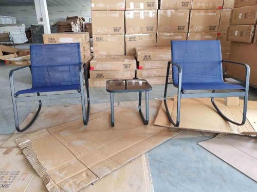 COSTWAY Salon de Jardin 3 Pièces avec Chaises à Bascule Table en Verre, Ensemble de Meuble Extérieur 2 Fauteuils Cadre Métallique Charge 150KG, pour Porche Bord de Piscine Balcon (Bleu)