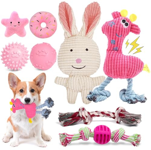 2TRUL 8 Pack Luxury Puppy Toys for Teething Small Dogs, Puppy Chew Toys with Squeaky Dog Toys, Balls and Rope Dog Chew Toys, Dog Toys to Keep Them Busy (Pink)