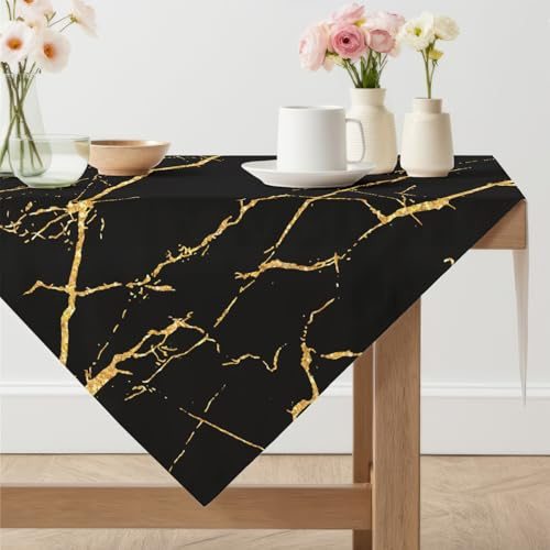 Arwllzz Leinenoptik Tischdecke Abwaschbare Schwarz Modern Eckig Mitteldecke Tisch Tischdecken 100 x 100 Gold Marmor Tischwäsche Tischdeko Vintage Landhausstil Tischtuch für Draußen Gartentisch