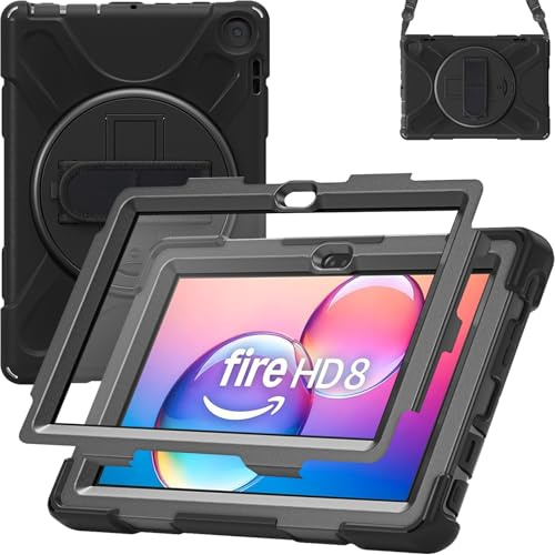 EHIOG Étui pour tablette Fire HD 8 et 8 Plus (12/10e génération, 2024/2022/2020), support rotatif à 360°, dragonne et sangle de transport (noir)