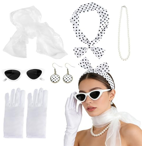 YUEIODDKL Rockabilly Accessoires Damen 50er Jahre Retro Set | 6 Stücke Damen Chiffon Schal Brille Polka Dot Stirnband Ohrringe Handschuhe, Perlenkette für Karneval, Cosplay, Party