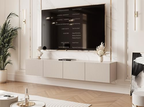 IDOHOME TV Lowboard hängend mit LED und 4 Fächern 200 cm Kaschmir | 200 x 40 x 36 cm, Laminierte Platte, Mehr Stauraum, Push to Open, TV Zubehör, LED Beleuchtung