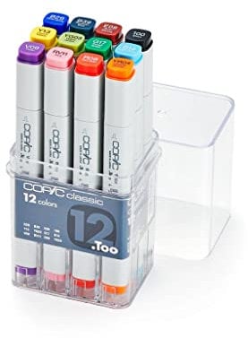 COPIC Classic Set 12 Colors, 12er Set im Acryl-Display, Twin Marker mit einer mittelbreiten und einer feinen Spitze
