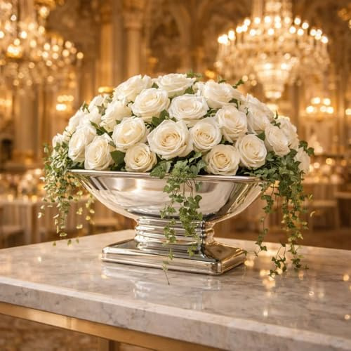 25 cm Keramikschale Hochzeitsdeko Pflanzgefäße Tischdeko Silber Blumenschale Silberschale Blumengefäß Schale Obst Bonbonschale Tafelaufsatz Nostalgie Große Obstschale Dekoschale mit Fuß Gebäckschale