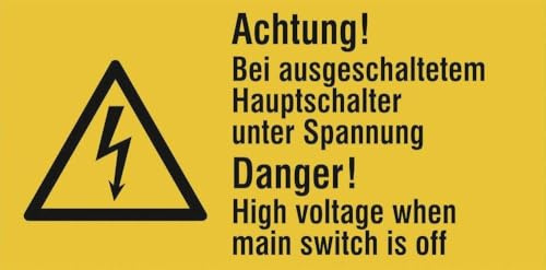 Betriebsausstattung24® Achtung! Bei ausgeschaltetem Hauptschalter! Warnschild auf Bogen 6,5x3,2cm