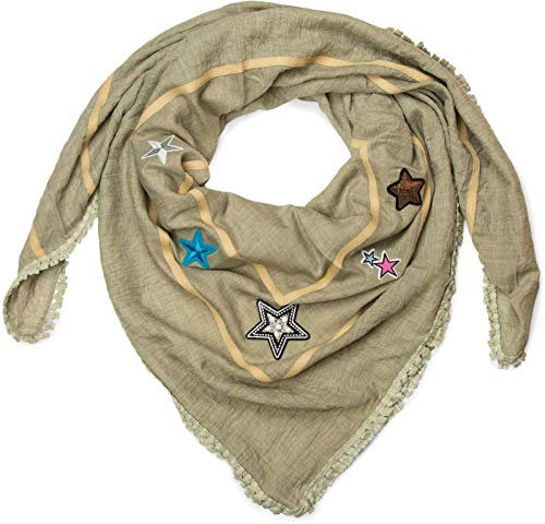 styleBREAKER XXL Vierecktuch mit Stern Patches mit Pailletten, Strass und Schmuck Perlen, Aufnäher, Sticker, Fransen, Schal, Tuch, Damen 01016131, Farbe:Oliv