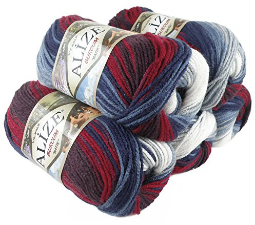 500g Strick-Garn ALIZE BURCUM Batik Strick-Wolle Handstrickgarn, Farbe wählbar, Farbe:2978 weiß-blau-rot