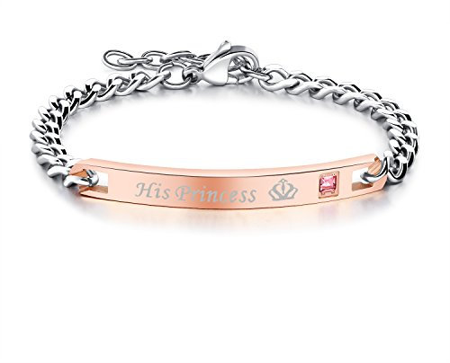 JewelryWe Schmuck Damen Partner Armband, Lieben Freundschaftsarmband Valentinstag Paar Geschenke, His Princess Schrift Krone, Edelstahl Zirkonia, Rosegold Silber, kostenlos Gravur
