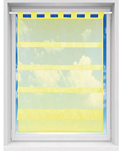 Bistrogardine in transparent mit Raffoptik, einfarbige und lichtdurchlässige Voile-Scheibengardine mit Schlaufe, in vielen Größen verfügbar (80 x 110 cm/gelb - Lemon)
