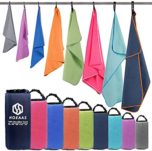 HOEAAS 2 Pack Microfiber Travel & Sports & Beach Towel-S (32”x16”x2)-Lightweight, Compact, Super Absorbent, Fast Dry for Outdoor, Yoga, Camping, Gym+ Buckled Carry Bag(S, Hot Pink)