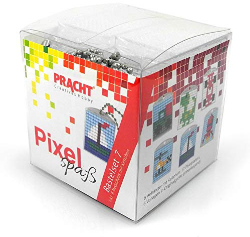 Pixel P90014-63501 Spaß Bastelset 7, zur Gestaltung von 6 Schlüsselanhängern für Kinder, kinderleichtes Stecksystem, ohne Bügeln und Kleben, Steinchen aus Biokunststoff