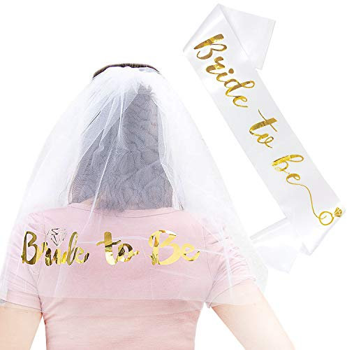 Oblique Unique® JGA Hochzeit Party Accessoire Set - Bride to Be Schärpe + Haarkamm mit Braut Schleier - Weiß Gold