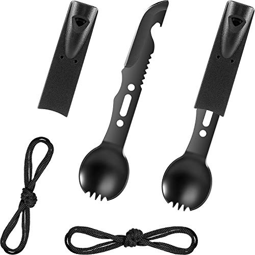 2 Packs Multi Functional Camping Spork Set Stainless Steel Functional Spoon Fork Flatware Spork with Bottle Opener and Whistle for Camping Hiking Backpacking Hunting(Classic Color)