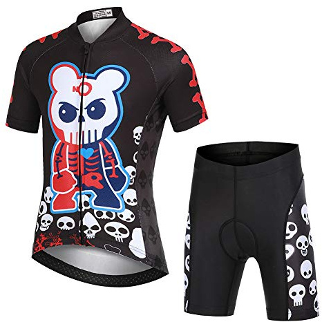 LPATTERN Kinder Radsport Bekleidung- Jungen/Mädchen Fahrrad Trikot-Set(Trikot Kurzarm+Kurz Radhose)/Radtrikot Kurzarm/Kurz Fahrradhose mit Sitzpolster,Weiß Skelett auf Schwarz(Anzug),122/128(Tag:M)