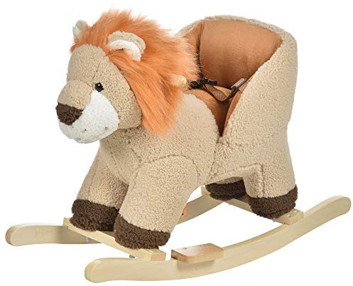 HOMCOM Dondolo Giocattolo a Forma di Leone per Bambini 18-36 Mesi, Ruggisce (3 Batterie Incluse), in Legno e Peluche