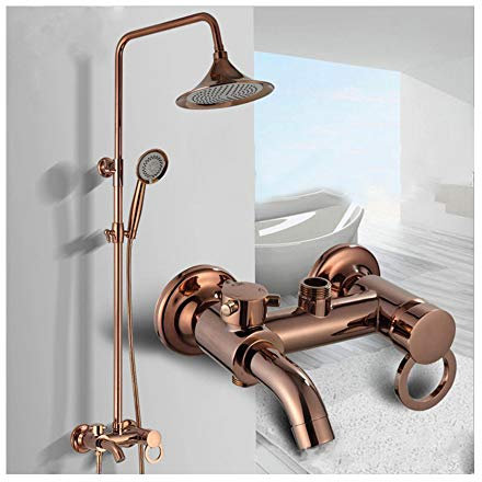 GLYYR 8 Pouces Colonne de Douche Laiton Systeme de Douche Mural Multifonctionnel Ensemble de Douche avec Douche À Main, Pommeau de Douche, Robinet de Baignoire avec Poignée Annulaire,Rose Gold