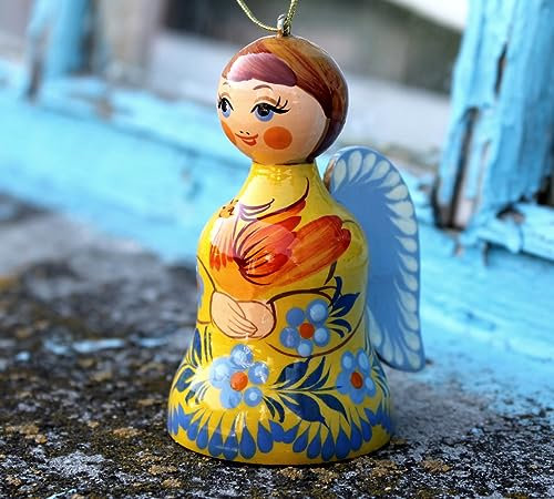 Christbaumschmuck Engel Figur aus Holz 7 х 5.5 cm Kunstvoller Weihnachtsengel und Glocke in Ukrainischer Handarbeit Gestalten für Weihnachten und als Schutzengel, Glücksbringer für ganzes Jahr
