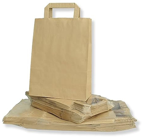 MAQA 50 pz Shopper carta kraft 32+22x34 o 27+17x29 cm Buste carta con manico color avana, maniglia piatta 32+22x34 cm