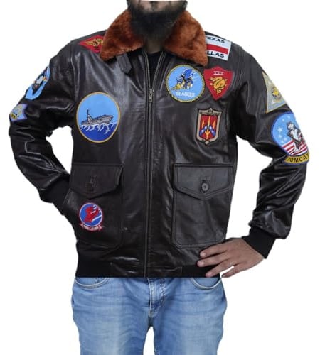 Jorde Calf Giacca in pelle vintage da uomo Airforce rimovibile, con toppe USAAF, giacca in vera pelle, bomber da pilota blu navy B3 WW2