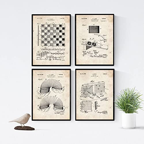 Nacnic Brettspiele Patent Poster 4er-Set. Vintage Stil Wanddekoration Abbildung von Freizeit und Alte Erfindungen. Verschiedene Familien Spiele Bilder ohne Rahmen. Größe A4.