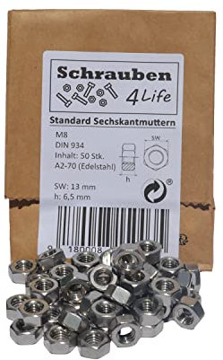 Sechskantmutter M8 Edelstahl 50Stk. Plastikfreiverpackt Schrauben4Life - A2-70, DIN934 Edelstahl, Muttern für Industrie, Garten und Haus (50, M8)