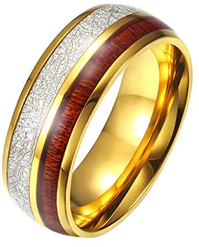 Epinki Ringe Verlobung Männer 8MM, Gold Freundschaftsringe Kohlefaser Holz Edelstahl Ringe für Männer, Größe 65 (20.7)