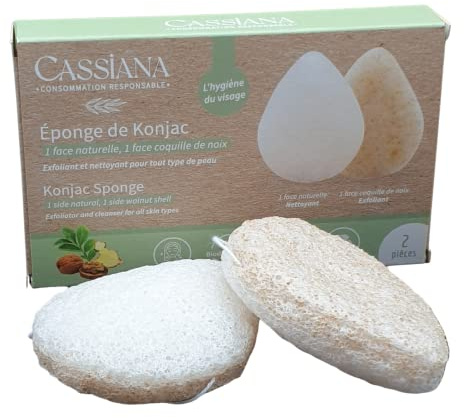 Éponge de Konjac visage Cassiana - Démaquillant double face, Nettoyant et Exfoliant - Fibres végétales 100% naturelles. Parfait pour oxygéner la peau. Diminue l'acné. Forme goutte d'eau (lot de 2)