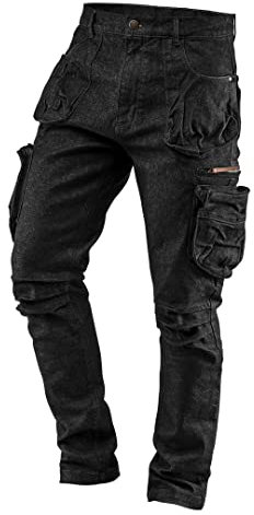 NEO TOOLS Pantalon de travail 5 poches denim noir, 98% coton, 2% élasthanne, poches multifonctionnelles, insert confort à l'entrejambe et au-dessous du genou, genou profilé, taille XXL