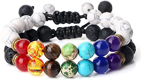 LODMLOER Paare 7 Chakra Perlen Armbänder Set - Damen Herren Tigerauge Lavastein Handgemacht Geflochten Naturstein Freundschaftsarmband Schmuck,G,Verstellbar