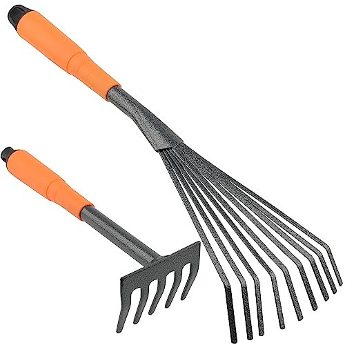 ZEONHEI 2 Pcs Mini Garden Rake, 11 Inch 5 Root Steel Lawn Rake and 16 Inch 9 Root Leaf Rake with Comfort Grip, Rust Resistant Hand Rake for Gardening and Lawn Care