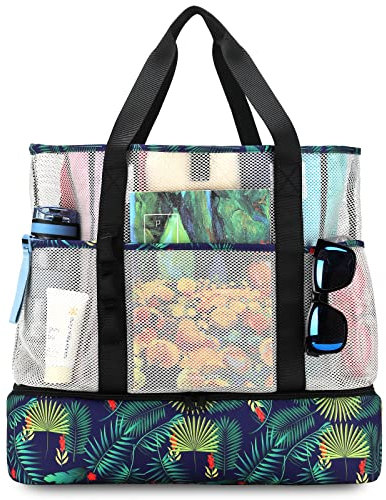 UYLIA 8 Taschen Tote Mesh Strandtasche Damen Groß Faltbare mit Wasserdichter Kühltasche für Spielzeugaufbewahrung Strand Reise Picknick, Shopper Handtasche Badetasche Umhängetasche (Grüne Blätter)