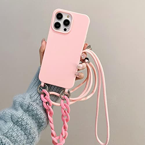 Rokmym Coque pour iPhone 13 avec Cordon Collier pour Étui Colliers de cellulaire Corde Coque avec Bracelet Lanyard Antichoc en Souple Silicone TPU Bumper Coque pour iPhone 13, Couleur Rose