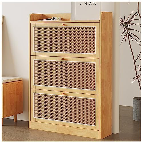 ZORZA Rattan-Schuhkipper mit 3 Klappen Schuhschrank schmal Schuhregal Gummi-Holz Schuhkommode Schuhablage für Eingangsbereich, Flur, Diele Vintage 63 x 24 x 120 cm,Original Wood