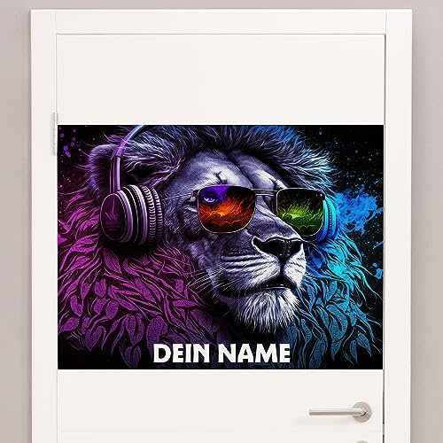 GRAZDesign Türschild Türaufkleber für cooles Zimmer | Teenager Kinderzimmer Jugendzimmer personalisiert | Löwe mit Kopfhörer