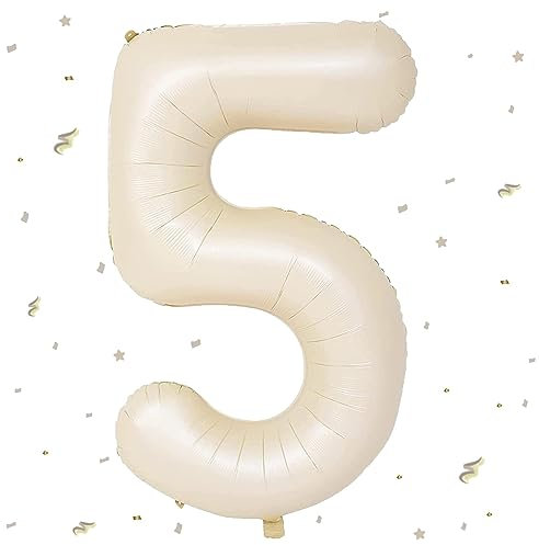 Beige Luftballon 5,Zahlen Luftballon Beige, 40 Zoll XXL Creme Weiß Folienballon 5. Sandweiß Zahlenballon 5 Helium Ballon, Luftballon 5. Geburtstag für 5 Jahre Geburtstagsdeko Kinder Junge Mädchen