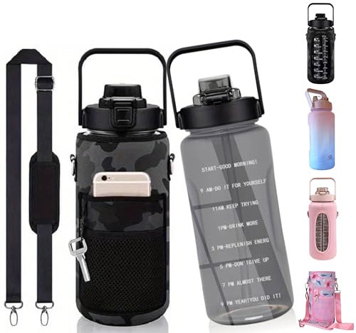TradeProvider® - Botella deportiva grande de agua potable de 2 litros con funda de transporte y pajita, sin BPA, 2 L, marcas de tiempo motivacionales, a prueba de fugas, jarra de 2 litros, para