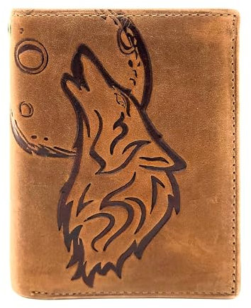 Lemasi echt Leder Geldbörse Portemonnaie Heulender Wolf Mond mit RFID NFC Schutz (Wolf Cognac hoch)