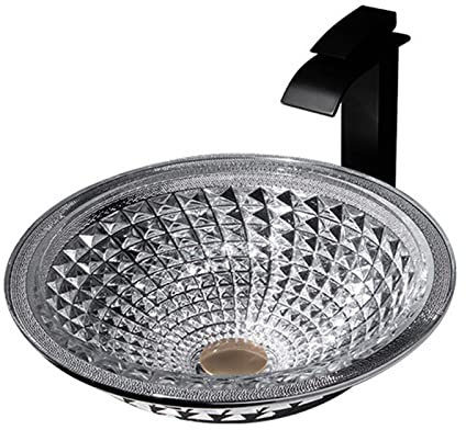 Aufsatz-Waschbecken, rundes Badezimmer-Waschbecken mit schwarzem Wasserhahn und Pop-Up-Ablauf, Aufsatzwaschbecken mit Zubehör, Gold